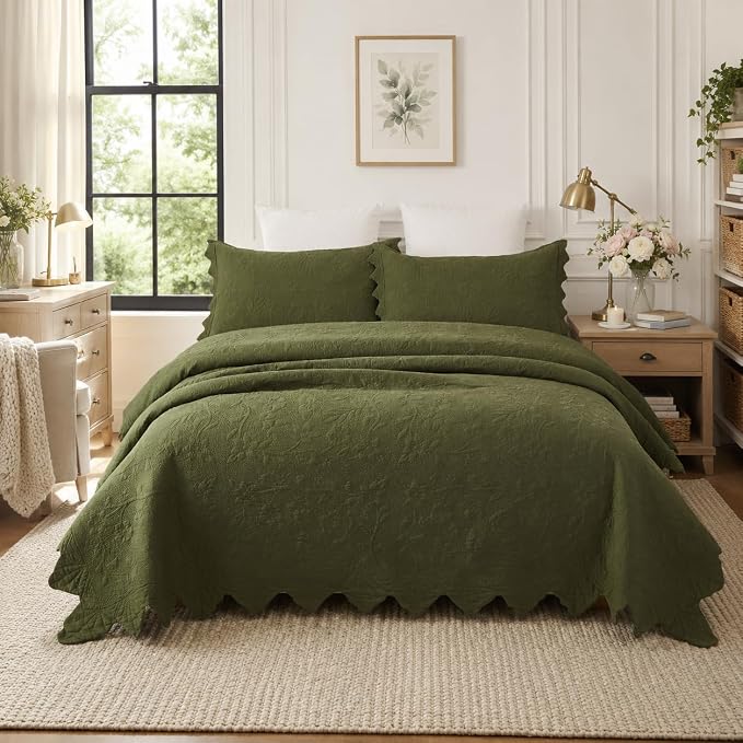 Brandream Olive Green Floral Vine Cotton Quilt Set King Size Luxury Scalloped - Image 2