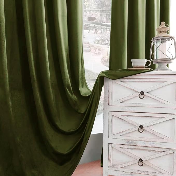 Timeper Hunter Green Velvet Curtains W52 x L96 inches 2 Panels, Back Tab & Rod - Image 6