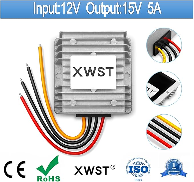 DC DC 12V to 15V 5A Step-up Module,Boost Converter 9V-13V to 15V Voltage Regulator,Waterproof Power Adapt 75W 15V Volt Transformer Module(12V to 15V 5A)