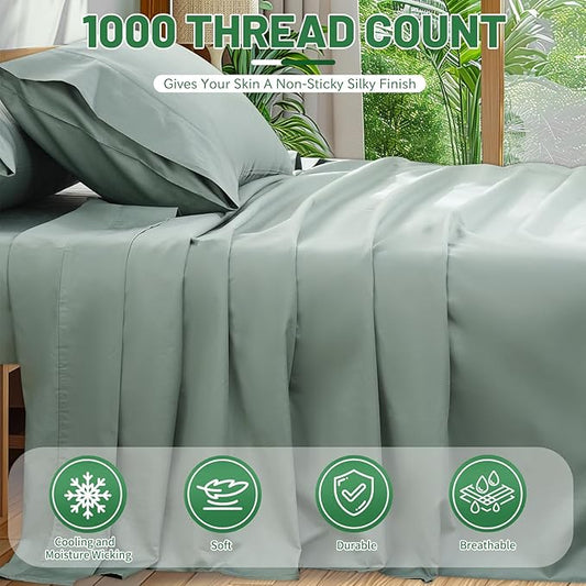 100% Egyptian Cotton Sheets King Size 4PCS 1000 Thread Count Sateen Weave Soft Breathable 16-Inch Deep Pocket （King,Sage Green）