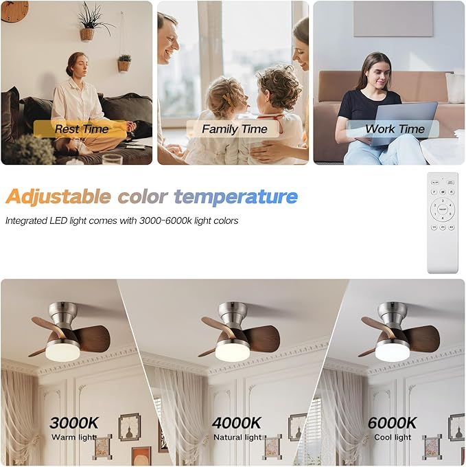 Myleoron 20 Inch Ceiling Fan with Light，3 Blades，Silver with Light with Remote Control Small Ceiling Fan ， Suitable for Living Room, Dining Room，Bedroom