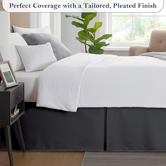 Twin Bed Skirt, Luxury 12 Inch Drop Dark Grey Pleated Bed Skirt, Double Brushed Microfiber, Box Pleat Design, Wrinkle & Fade Resistant, Easy Fit Tailored Bedskirt for Twin Size Beds