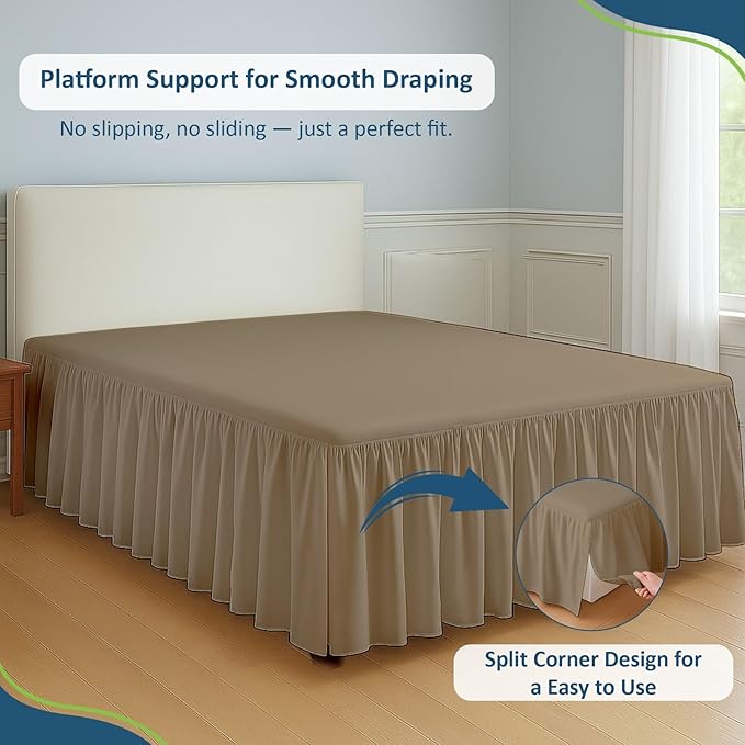 Rajlinen Ruffled Bed Skirt Twin, 15 Inch Drop Dust Ruffle with Split Corners, 100% Microfiber Bedskirt with Platform, Three-Sided Coverage Ruffled Gathering Design, Taupe