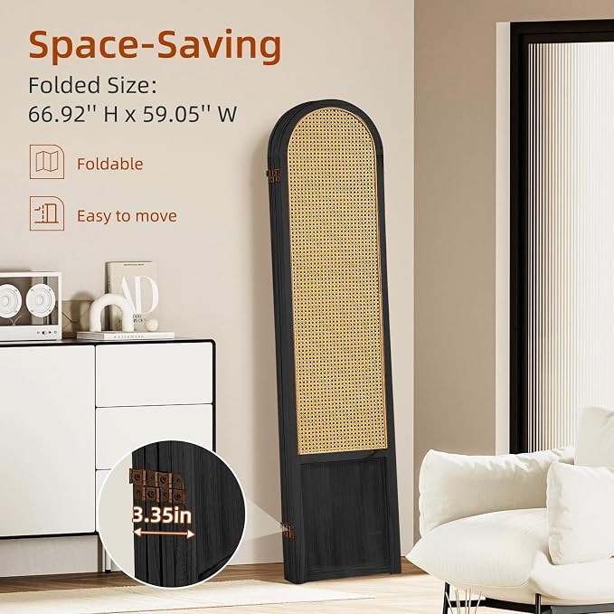 4 Panel Room Dividers and Folding Privacy Screens, Hand-Made Rattan Room Divider - Image 5