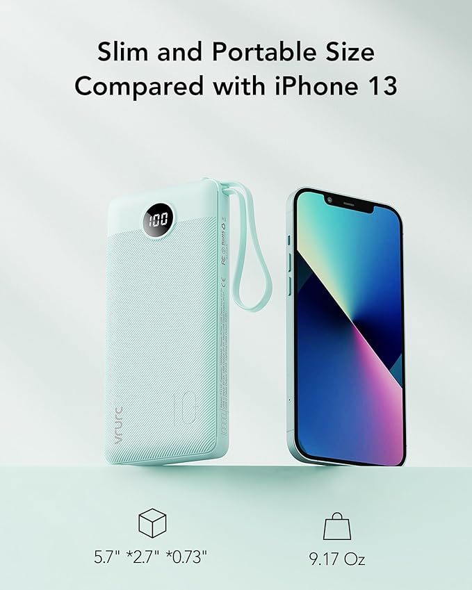 VRURC Portable Charger for iPhone, 22.5W Fast Charging Power Bank 10000mAh, USB C Battery Pack 4 Outputs 3 Inputs, Slim Phone Charger with Cables for iPhone 17 16 15 14 13,Samsung Galaxy-Green(1 Pack)