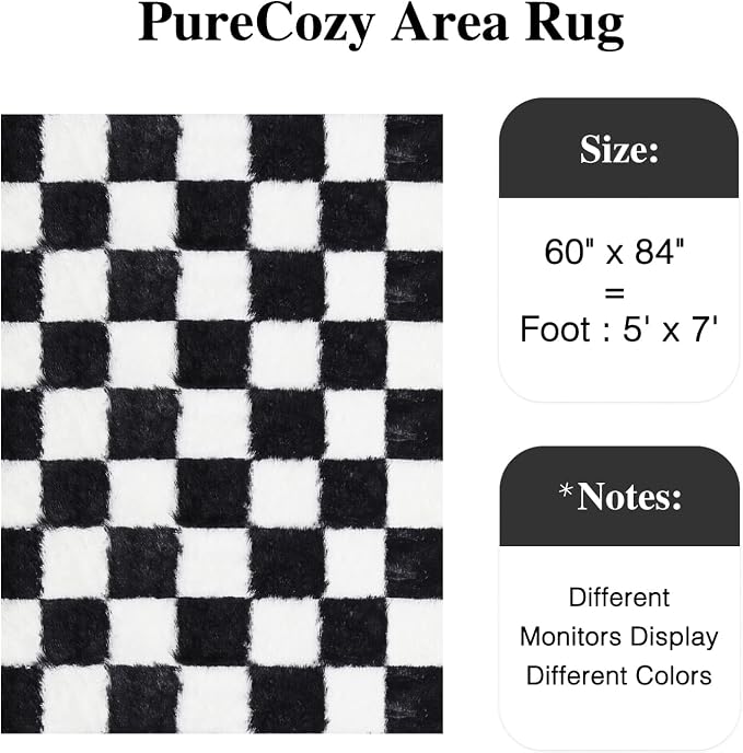 Checkered Rug 5x7 for Living Room Black and White Soft Shag Rugs | Machine - Image 2