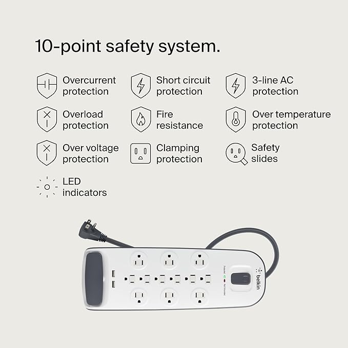 Belkin USB Power Strip Surge Protector - 12 AC Multiple Outlets & 2 USB Ports - 6 ft Long Flat Plug Extension Cord for Home, Office, Travel, Computer Desktop & Charging Brick - White (3,996 Joules)