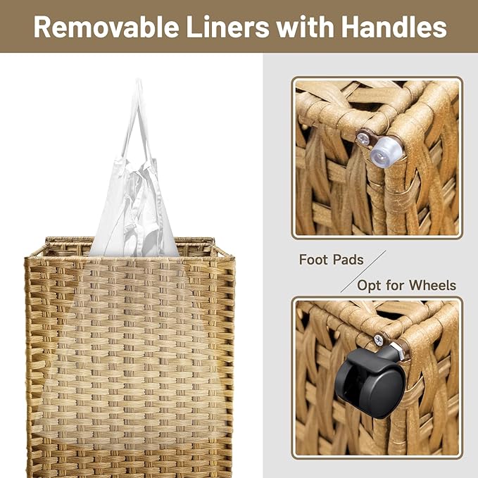 70L Slim Laundry Hamper with Lid & Wheels, 2-Park Rolling Laundry Basket with 4 Removable Liner Bags & 3 Mesh Bags, Narrow Dirty Clothes Basket, Foldable Handwoven Rattan Laundry Sorter, Natural
