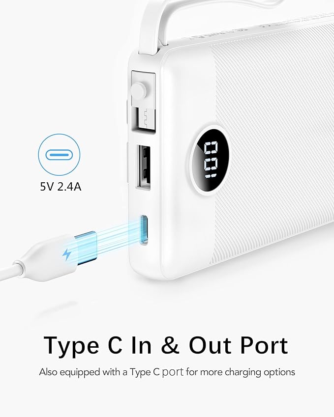 VRURC Portable Charger Power Bank, 10000mAh Travel Essentials Battery Pack, 5 Outputs 2 Inputs Slim Charing Bank Built-in Cables Cords Wires Compatible with iPhone,Samsung,Android-White(1 Pack)