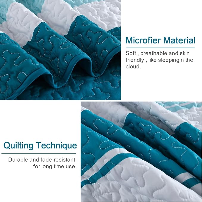 Dinjoy King Boho Striped Quilt Set, Teal Lightweight Bedspread Bedding | Soft - Image 5