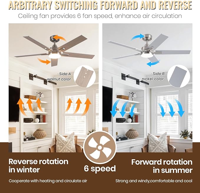 SODSEA Ceiling Fans with Lights, 52 inch Nickel Ceiling Fan with Light and Remote Control, Reversible, 3CCT, Dimmable, Noiseless, Small Ceiling Fan for Bedroom, Indoor/Outdoor Use