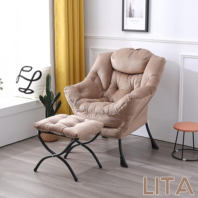 Lazy Chair with Ottoman, Comfy Accent Reading Chair, Dark Brown | Foldable - Image 9