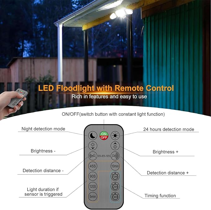 CLY 42W LED Security Lights Motion Sensor Light, 3600LM 5000K, IP66 Waterproof Outdoor Flood Lights, Adjustable Brightness 3 Head Floodlight Remote Control 4 Modes for Garage Yard Eave -White
