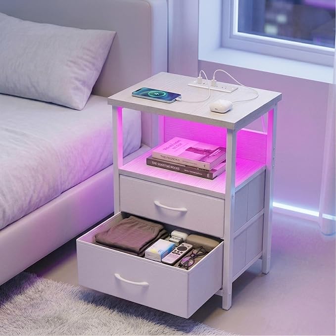 Fixwal Night Stand with Charging Station, 2 Drawers | fabric drawer, built-in - Image 6