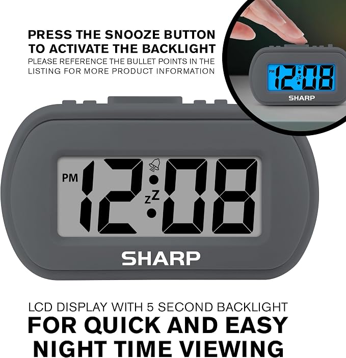 Sharp Battery Alarm Clock, Soft-Touch Case and Backlight, Charcoal Black | - Image 5