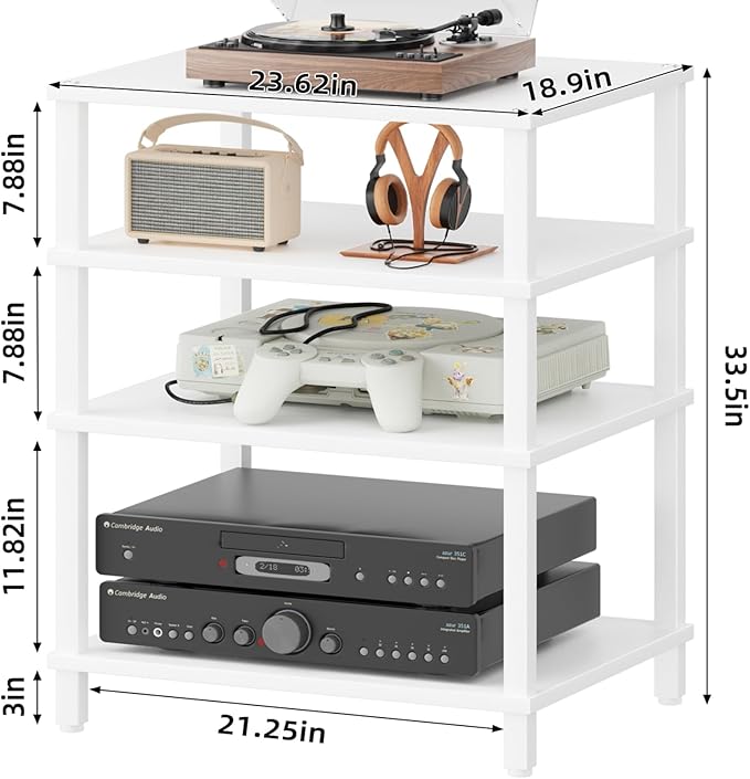 LELELINKY 4-Tier AV Media Player Stand Set of 2, White Stereo Cabinet, Wooden TV Stand,Game Console Shelf, Multifunctional Entertainment Center, Suitable for Home, Conference Room, Game Studio