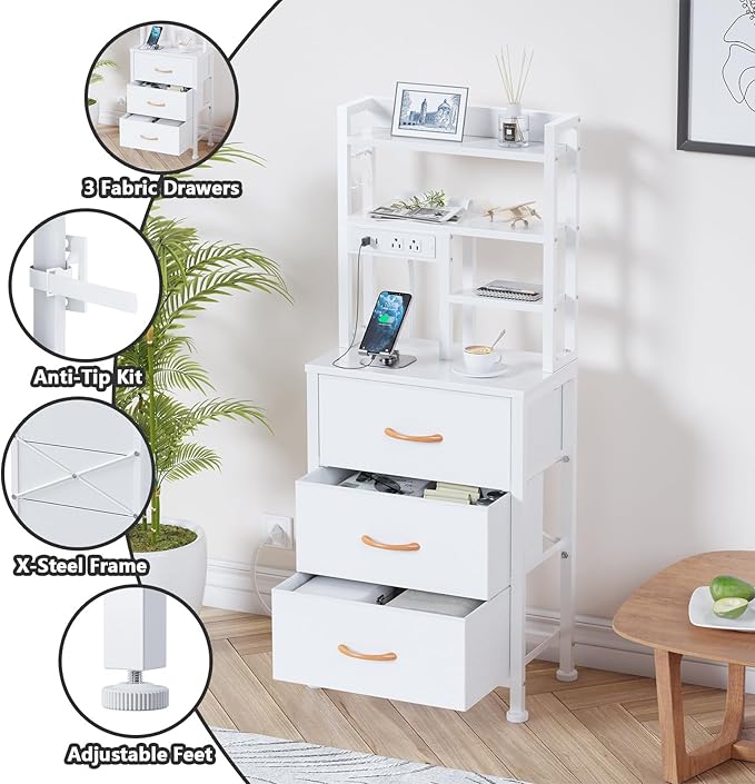 Tall Nightstand, 3 PVC Fabric Drawers and 4-Tier Storage Shelf, Bedside Table - Image 5