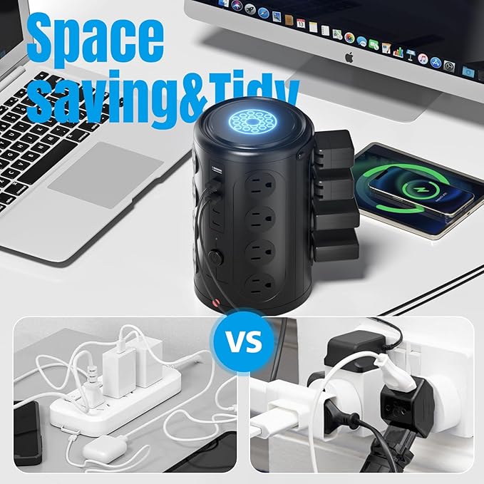 Surge Protector Power Strip - Desk Charging Station with 15W Wireless Charger, Multiple Outlets Charging Station with 16 2300J AC Outlets & 5 USB (2 USB C) Port, for Home, Office, Dorm Room
