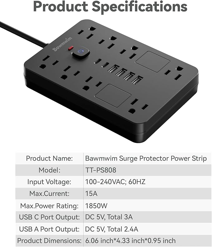 Bawmwim Surge Protector Power Strip - 8 Outlets(1850W/15A) with 6 USB Ports（2 USB C, 10FT Flat Plug Extension Cord, Wall Mount Multi Plug Outlet Extender, ETL Listed for Home, Dorm Room, Black