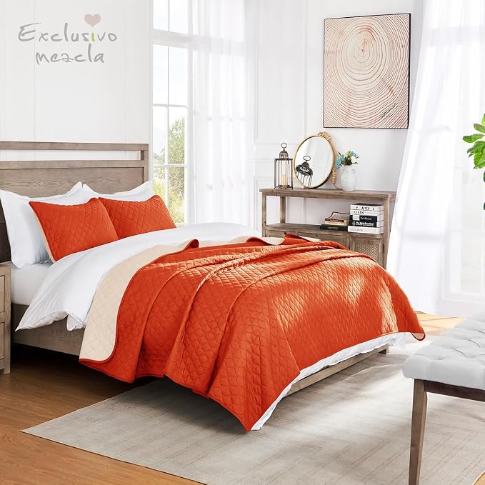Exclusivo Mezcla Reversible King Size Quilt Bedding Set, Burnt Orange | - Image 2