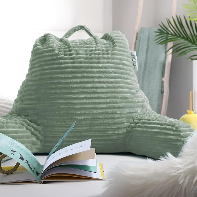 Nestl Reading Pillow with Shredded Memory Foam, Luxe Cut Plush Back Pillow for Sitting Up in Bed, Back and Arms Adjustable Support for Adult & Teens, Backrest Pillows with Washable Cover Sage Green