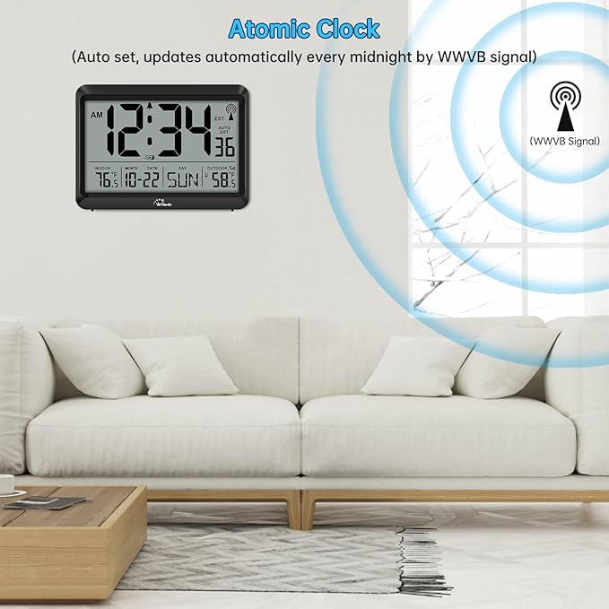 WallarGe Atomic Clock with Indoor Outdoor Temperature - 8.5'' Digital Clock Battery Operated, Self-Setting, 4 Time Zones, DST