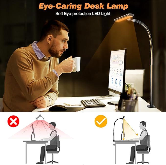 Airlonv LED Desk Lamp for Office Home, Eye-Caring Desk Light with Stepless Dimming Adjustable Flexible Gooseneck, 10W USB Adapter Desk Lamp with Clamp for Reading, Study, Workbench (Black)