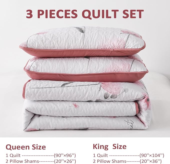 Dinjoy Floral Quilt Set Queen, Cozy Lightweight Microfiber, Light Pink Floral - Image 6