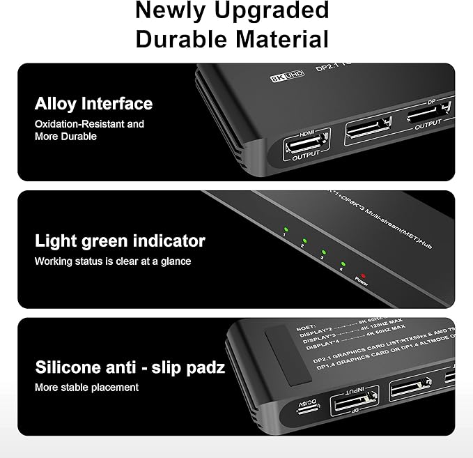 DisplayPort Splitter for 4 Monitors, Three DP with HDMI Adapter 8K@60Hz Extended Display 1 in 4 Out DisplayPort MST Hub for Multiple Monitor, Compatible with Computer, Graphic Card, PC