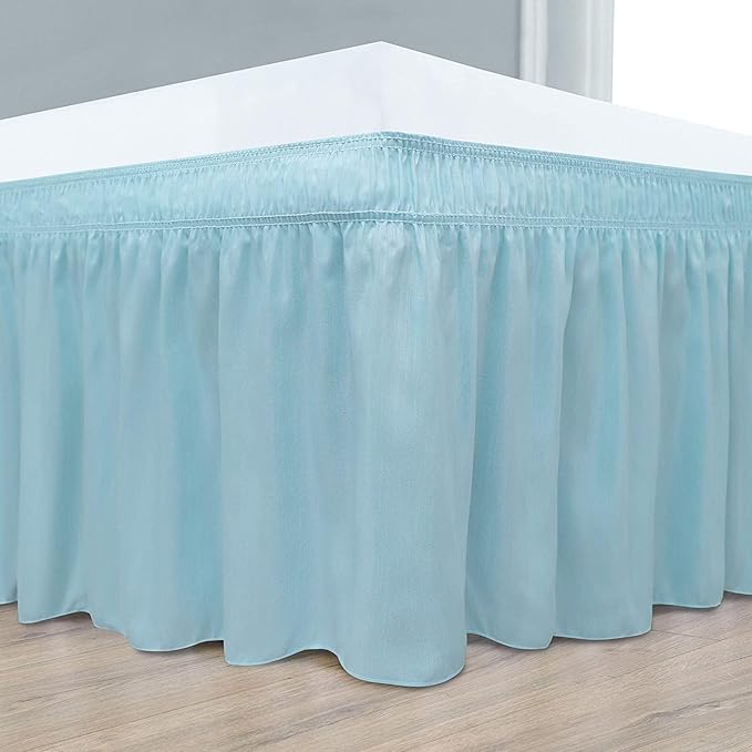 Light Blue Wrap Around Bed Skirts with 16" Drop - Three Sides Fabric Adjustable Elastic Dust Ruffle Silky Soft -600 TC Stretchy Bed Skirt-Short Queen(60"X 75") Light Blue