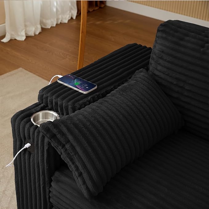 Convertible Corduroy Sofa Bed with USB Charging Port & Cup Holders, 68.11" Foldable Sleeper Chair with Armrests & Pillows, 3-in-1 Floor Futon for Living Room, Bedroom, Guest Room，Easy Assembly
