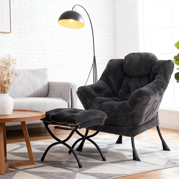 Welnow Lazy Chair with Ottoman, Reading Chair with Footrest, Plush Navy | A - Image 7