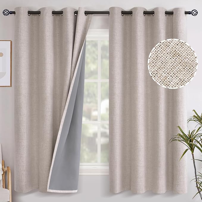 YoungsTex Linen Blackout Curtains 63 Inch Length Bedroom Beige Darkening | by YoungsTex