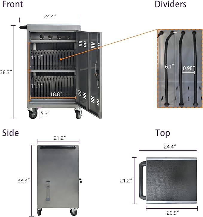 Aokleo 32 Devices Laptop Charging Cart, Tablet Storage Carts for Pad Up to 16.3" Screen Size, Classroom Computer Mobile Charging Station for Pads,Chromebooks,Laptops,Security Storage (Silver)