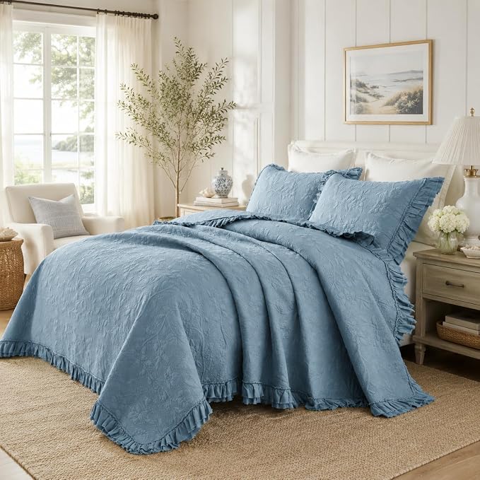 Brandream Luxury 100% Cotton Quilt Set King Size Blue Floral Vine Matelasse - Image 7