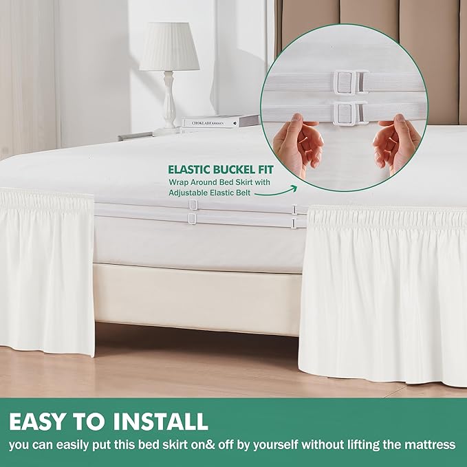 Biscaynebay Wrap Around Bed Skirts with Split Corners for Full Beds 16" Drop, Ivory Elastic Dust Ruffles Adjustable Easy Fit Wrinkle & Fade Resistant Silky Luxurious Fabric Machine Washable