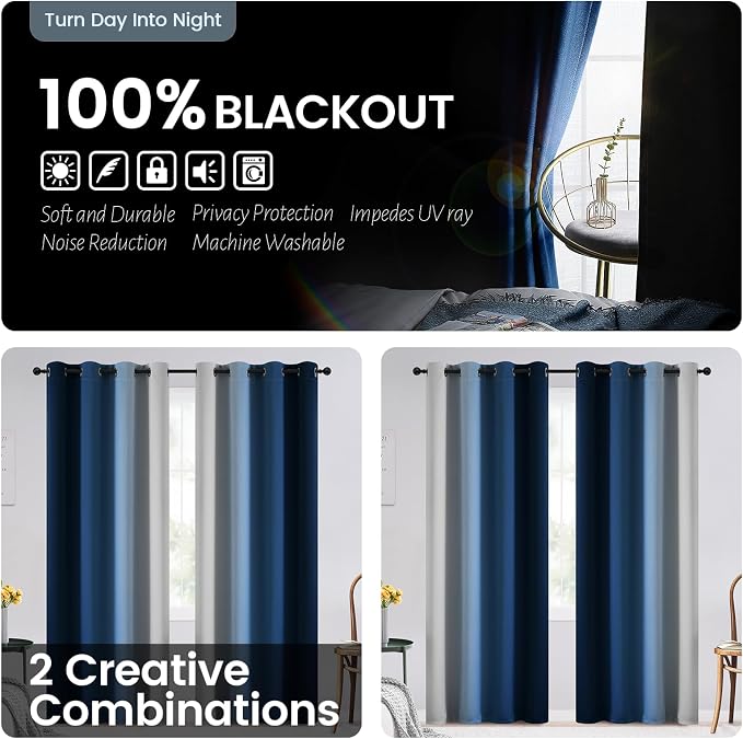 SimpleHome 100% Blackout Ombre Bedroom Curtains Blue and Greyish White - Image 3