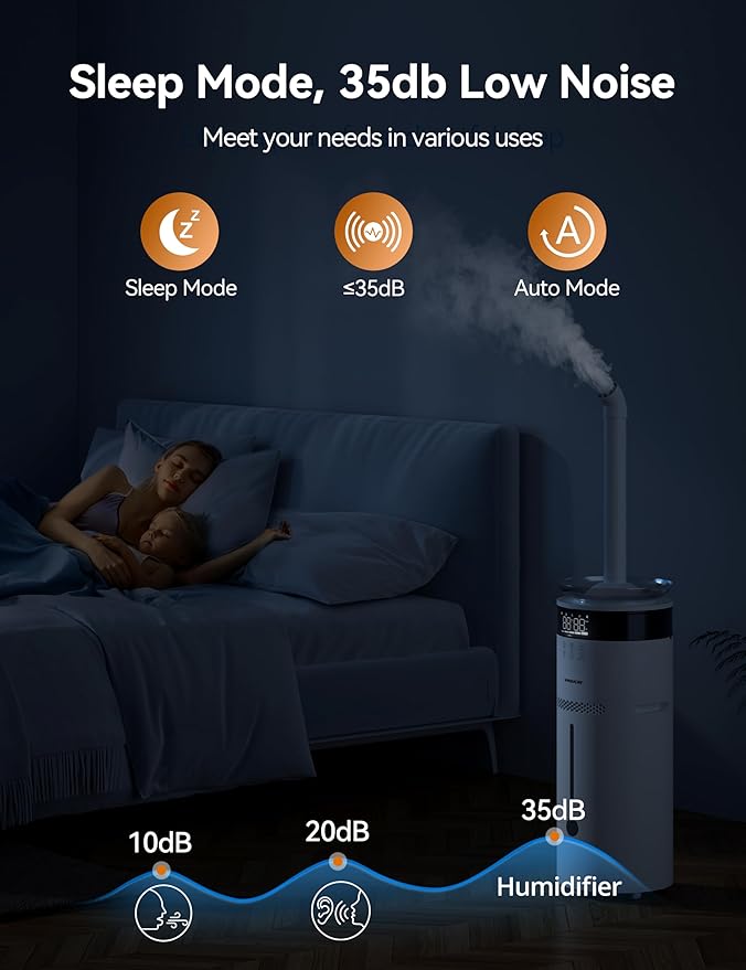 VAGKRI Humidifiers for Large Room, 18L Ultrasonic Cool Mist Humidifier for Home 2000 sq ft, 5 Mist Levels, Auto Mode, Whole House Humidifiers with 2 Extended Tube Quiet Humidifiers for Baby Home Plant