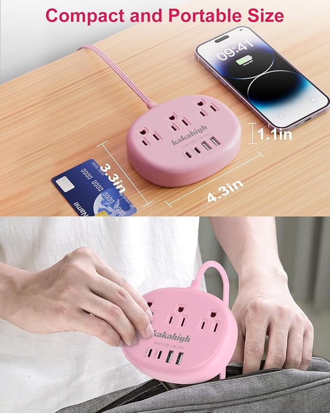 Pink Extension Cord with Surge Protected 1080J - 5 FT Kawaii Power Strip, 1625W Cute Extension Cord with 3 AC Outlet 4 USB (24W/4.8A), Compact for Cute Pink Kawaii Desk Home Essentials