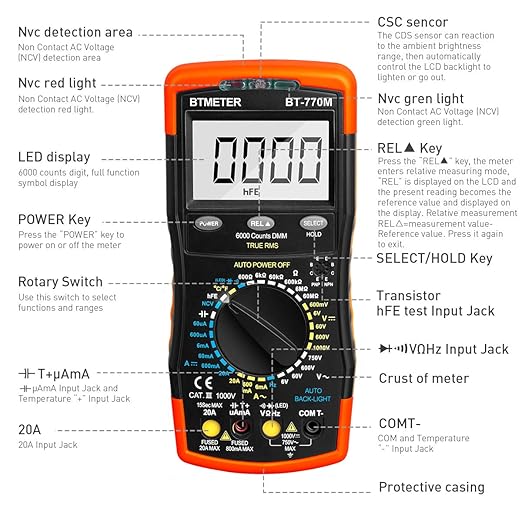 Digital Multimeter TRMS 6000 Count, BTMETER BT-770M Auto/Manual Ranging DMM Electrical Meter Tester for AC/DC Amp, AC/DC Volt, Ohm Capacitance Frequency Continuity Temperature NCV, Auto Backlight
