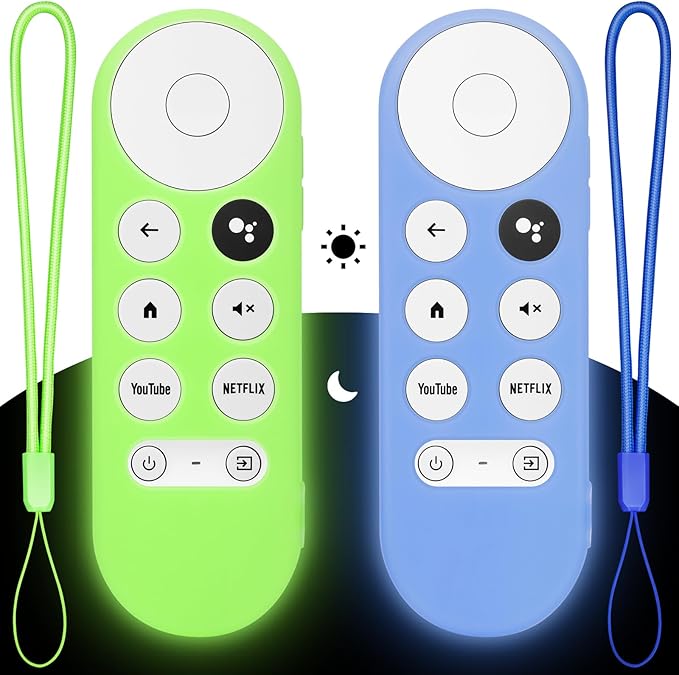 2PC Cover-Case-for-Chromecast-Google-TV-Remote, Glow-in-The-Dark Silicone Sleeve Skin for Google Chromecast 4K/HD (Green + Blue)