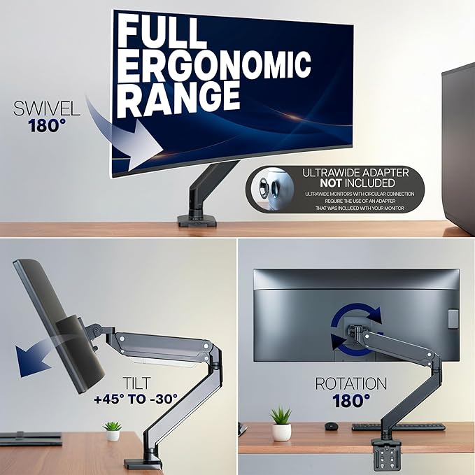 VIVO Premium Aluminum Monitor Arm for Ultrawide Screens up to 49 inches and 33 lbs, Heavy Duty Single Desk Mount, Pneumatic Height, Max VESA 100x100, Black, STAND-V101G1