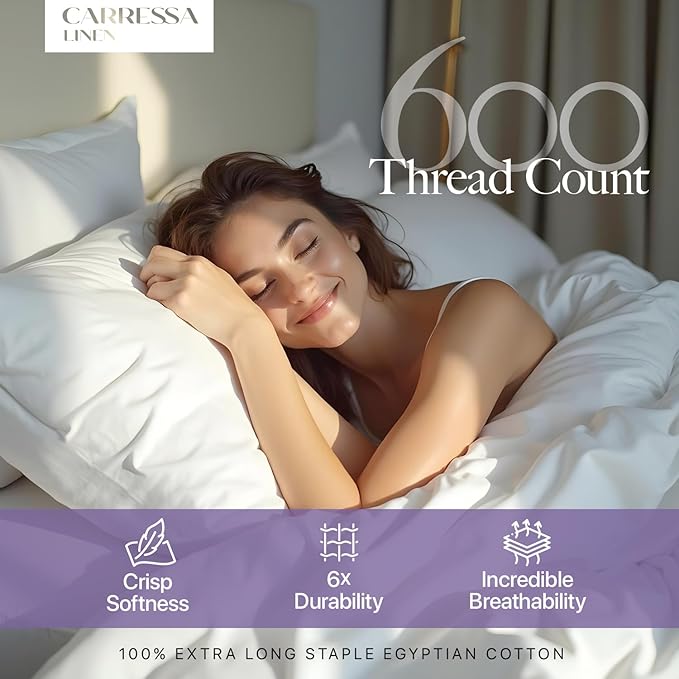 Carressa Linen 100% Egyptian Cotton Twin Sheets Set - 600 Thread Count Egyptian Cotton Luxury Twin Sheets (3 PC, Beach Sand), 16" Deep Pocket, Soft, Cooling, Sateen Weave College Dorm Room Bedding
