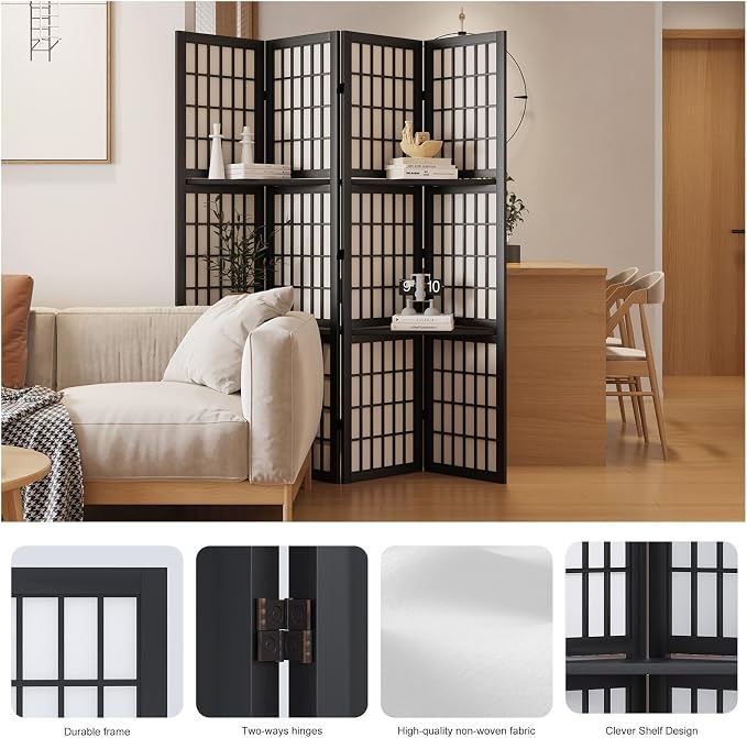 Room Divider with Shelves, 66.9-Inch Tall Japanese Shoji Style Wood Screen with - Image 2