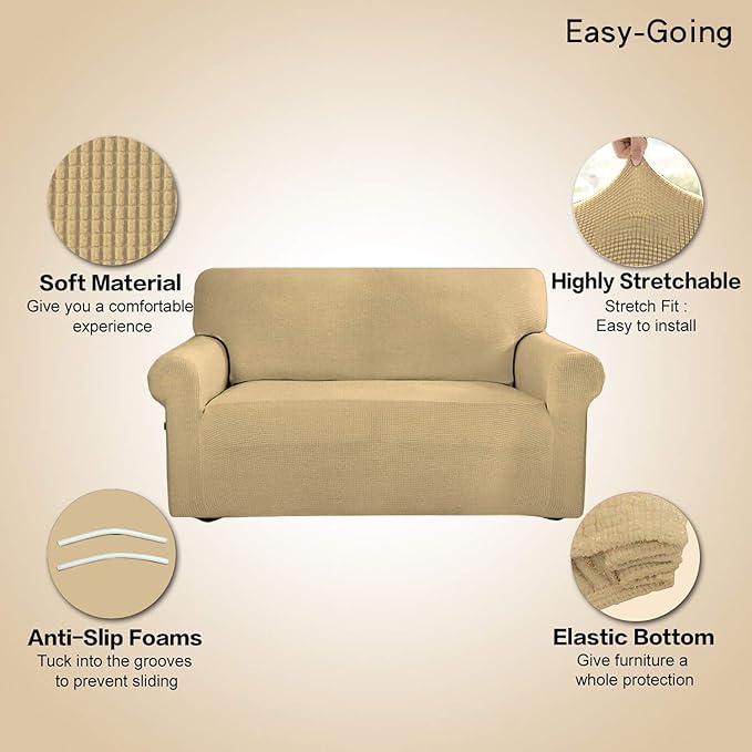 Easy-Going Stretch Sofa Slipcover 1-Piece Sofa Cover Furniture Protector Couch Soft with Elastic Bottom for Kids, Polyester Spandex Jacquard Fabric Small Checks (Sofa, Beige)