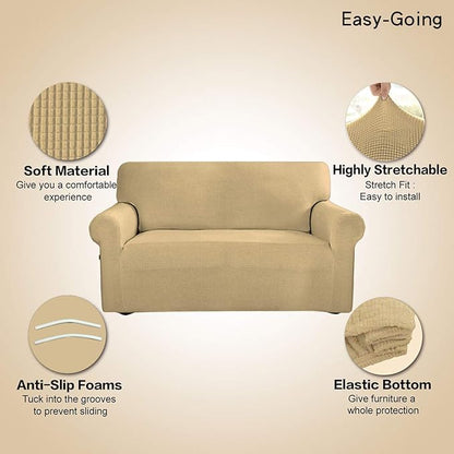 Easy-Going Stretch Sofa Slipcover 1-Piece Sofa Cover Furniture Protector Couch Soft with Elastic Bottom for Kids, Polyester Spandex Jacquard Fabric Small Checks (Sofa, Beige)