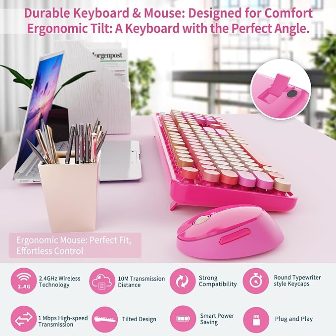 Nowlike Wireless Keyboard and Mouse Combo, Retro Typewriter Keyboard with Round Keycaps, Full-Size Ergonomic, Red, Ideal for Windows PC, Home, Office, and College, Wireless Keyboard Mouse Combo