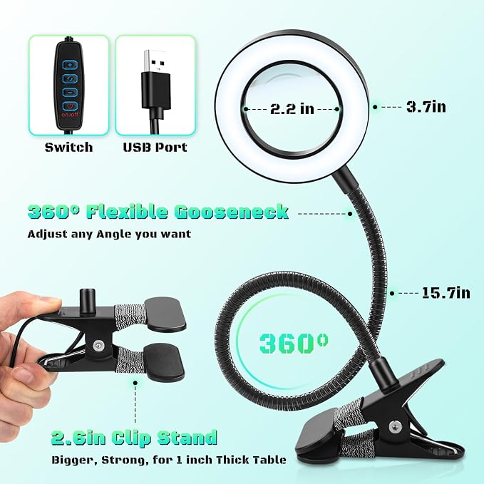 10X Magnifying Glass with Light, Clip on Mganifier with Light, 48 LED Desk - Image 5