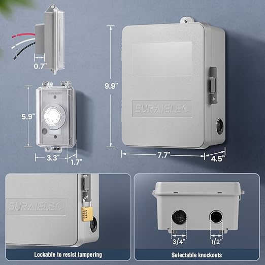 SURAIELEC 40A 240V 3HP Outdoor Timer Switch with 1000FT RF Remote, 24H Mechanical Heavy Duty Controller for Pool Pump, Water Heater, EV Charger, Irrigation, and Other Large Equipment