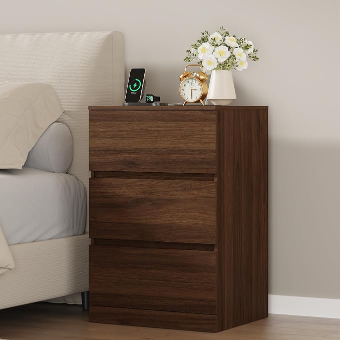 Nightstands Set of 2 with Charging Station and Hidden Drawer, Walnut | Bedside - Image 2